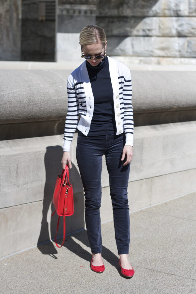 striped white cardigan, velvet jeans, navy outfit, Ray Ban clubmasters