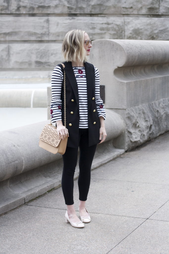 striped embroidered top, long vest outfit
