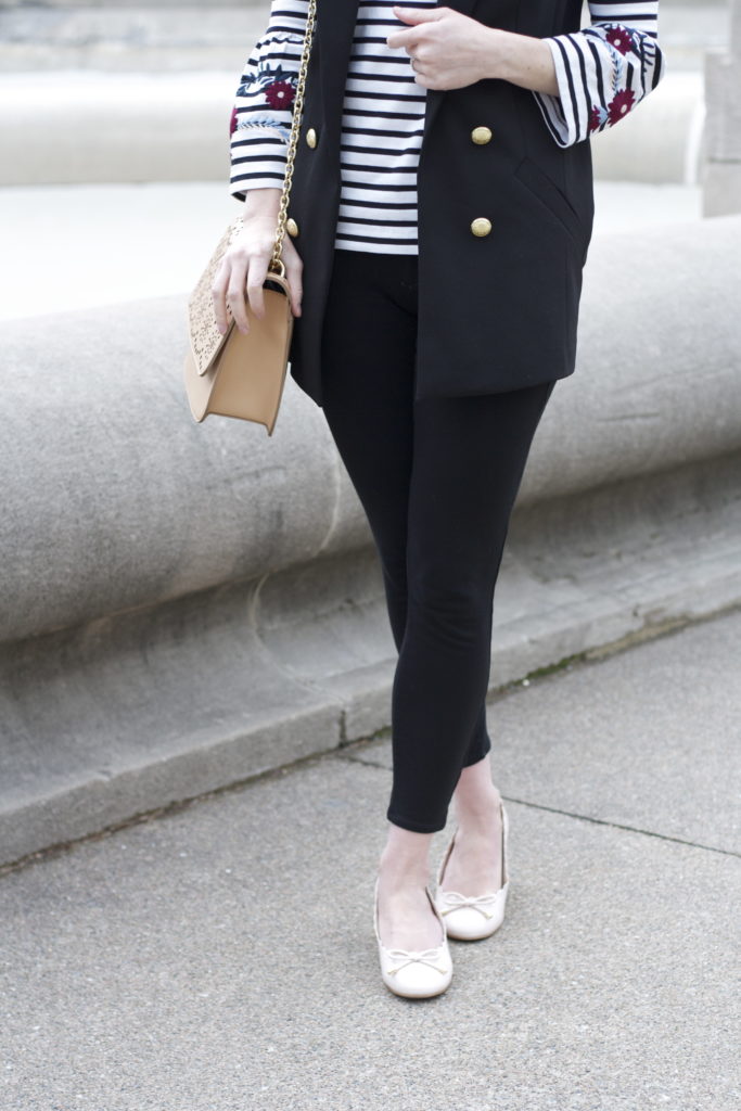 striped embroidered top, long vest outfit
