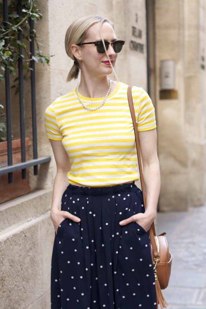 parisian style, print mixing, midi skirt, striped tee outfit, ray ban clubmasters