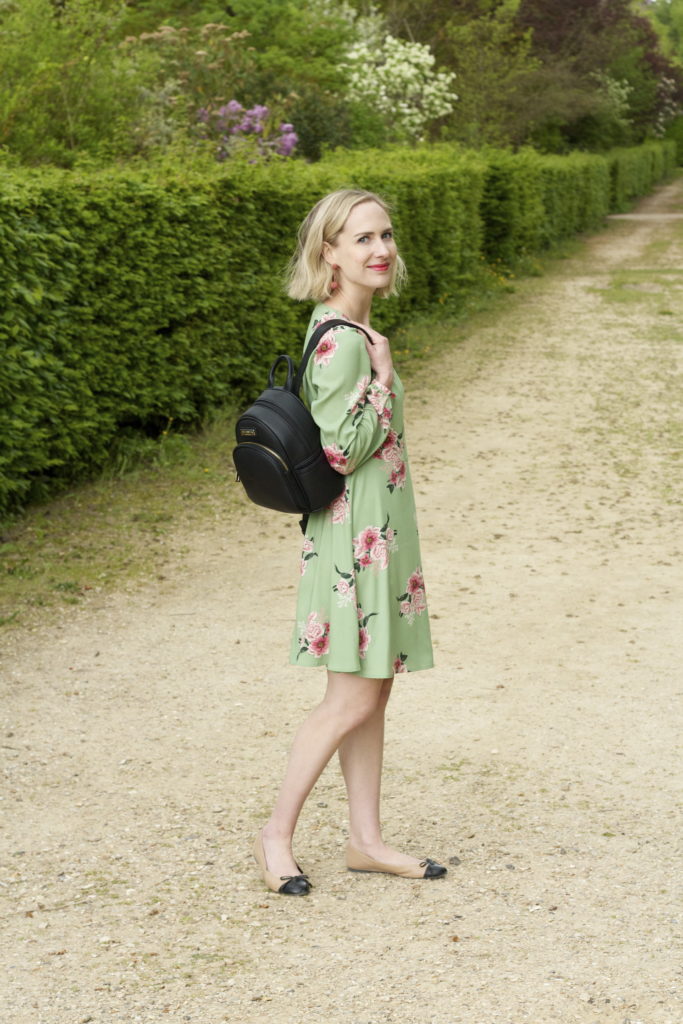 wrap dress, mini backpack, versailles outfit