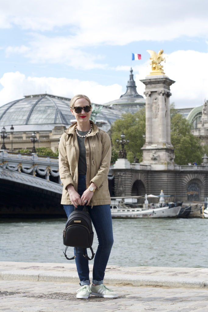field jacket, Everlane tee, adidas suede sneakers, mini backpack, Paris vacation outfit