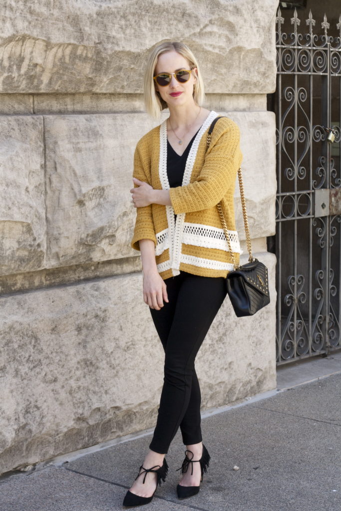 Sezane cardigan, YSL studded college bag, black and yellow outfit