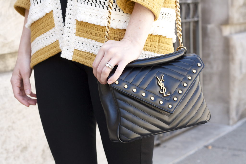 Sezane cardigan, YSL studded college bag, black and yellow outfit