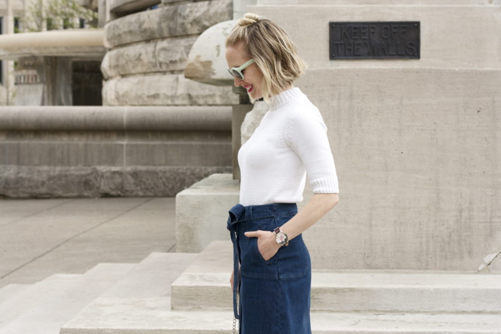 jean skirt, turtleneck, navy quilted bag, blush oxfords