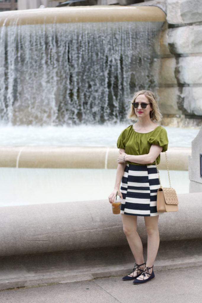 puff sleeve tee, striped skirt, lace up flats