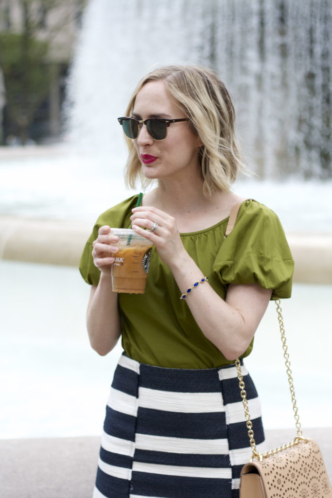 puff sleeve tee, striped skirt, lace up flats