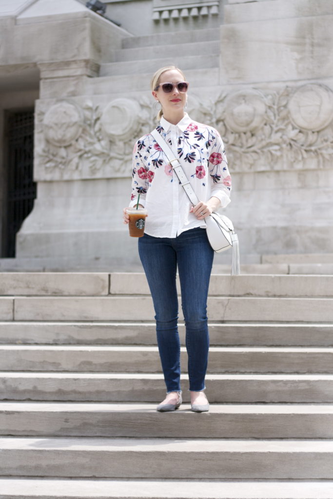 embroidered button-up shirt, skinny jeans, bead hoop earrings