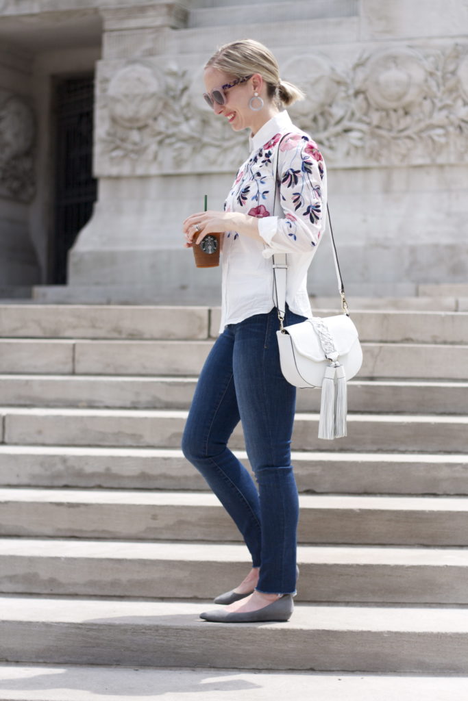 embroidered button-up shirt, skinny jeans, bead hoop earrings