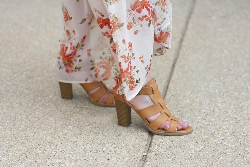 floral maxi dress, block heel sandals, straw bag