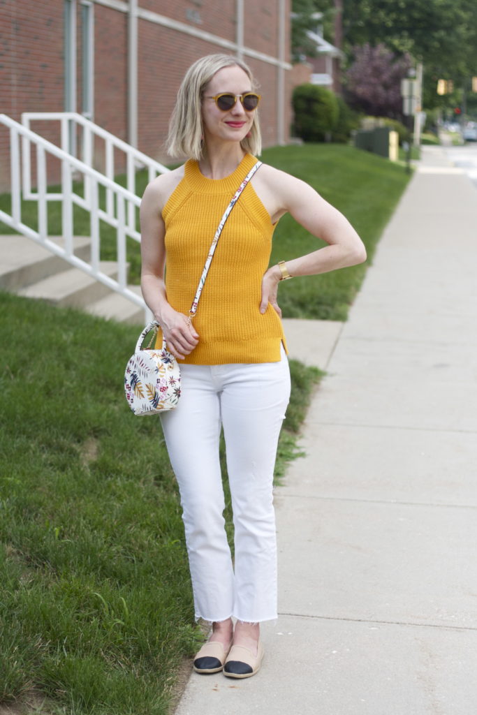 yellow sweater tank, white jeans, floral round bag, leather espadrilles