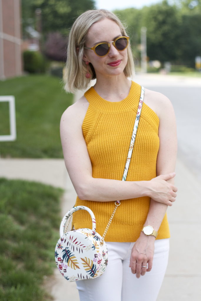 yellow sweater tank, white jeans, floral round bag, leather espadrilles
