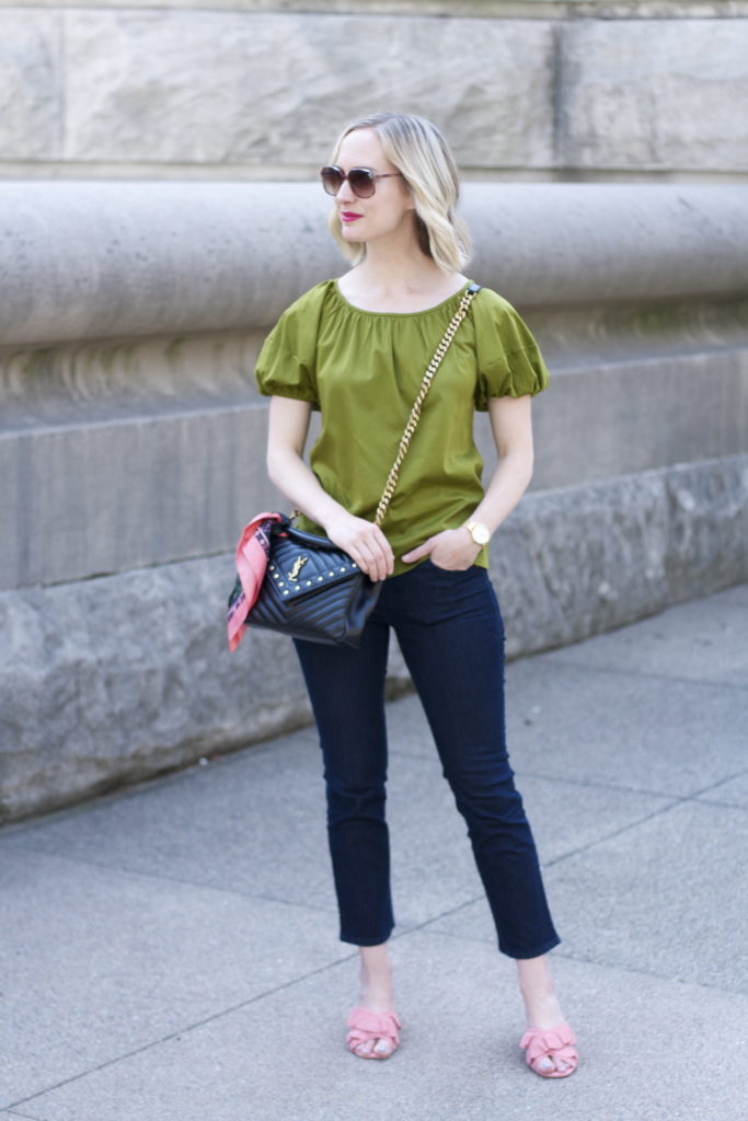 scarf on bag, puff sleeve top, ruffle mules, kick crop jeans