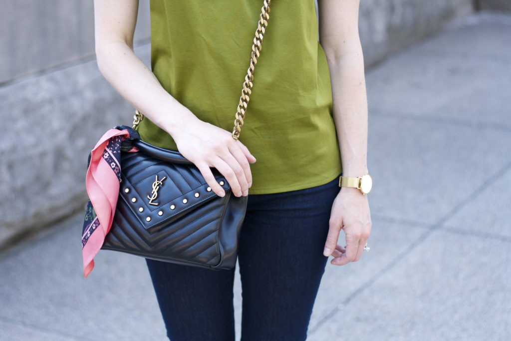 scarf on bag, puff sleeve top, ruffle mules, kick crop jeans