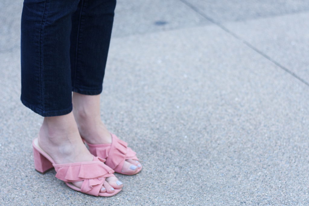 scarf on bag, puff sleeve top, ruffle mules, kick crop jeans