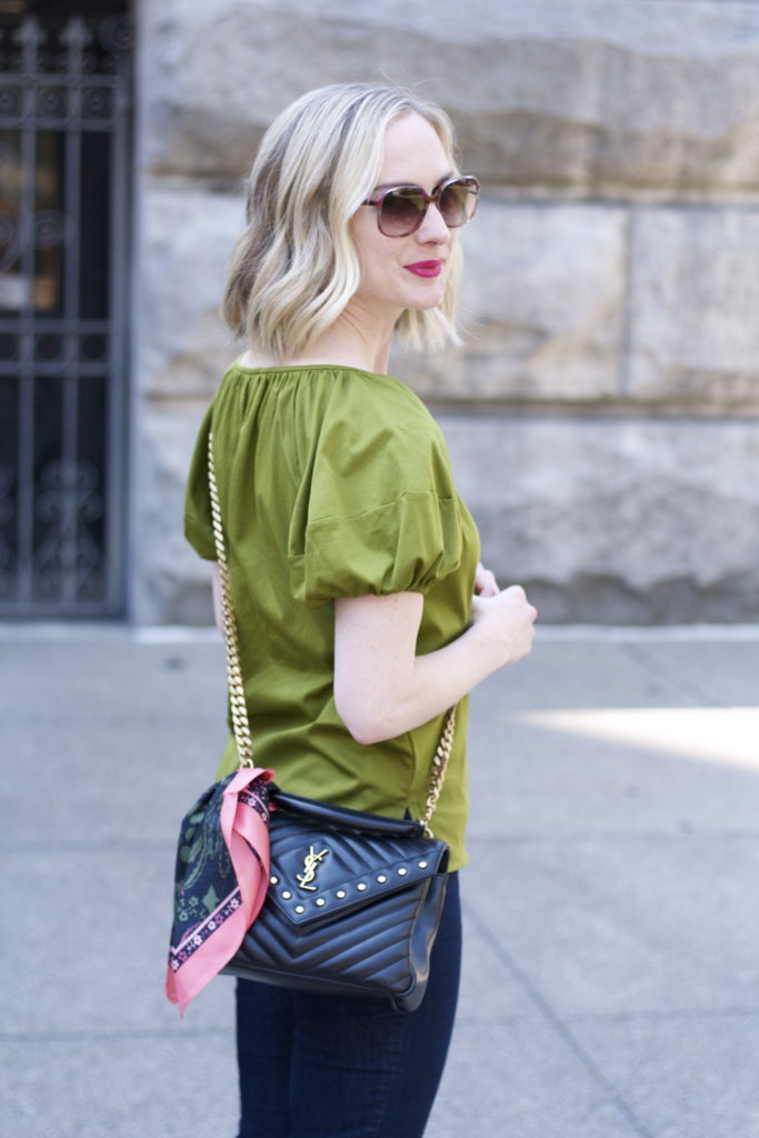 scarf on bag, puff sleeve top, ruffle mules, kick crop jeans