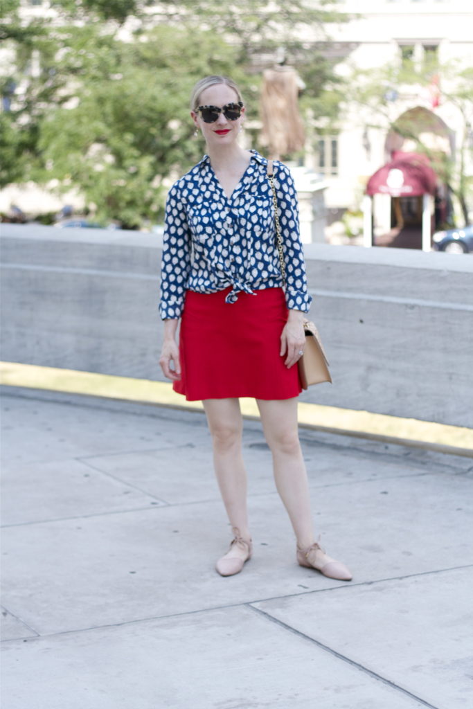 knotted button-up shirt, strawberry print, work outfit