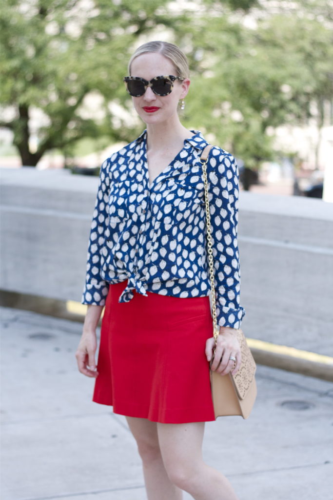 knotted button-up shirt, strawberry print, work outfit