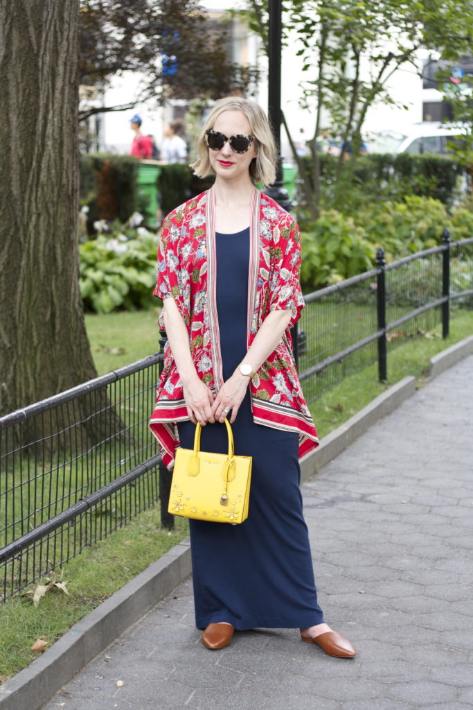 maxi dress with kimono, madewell slides, NYC outfit, Michael Kors yellow tote