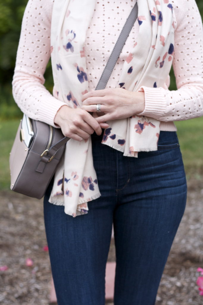 pastel sweater, leopard sneakers, colorblock bag