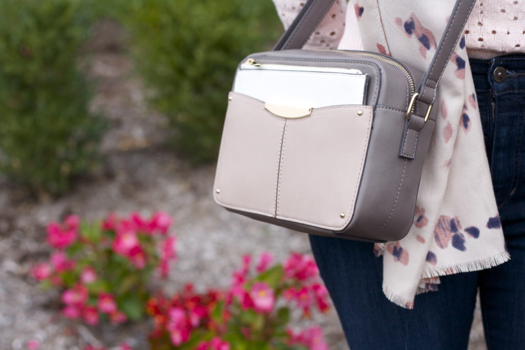 pastel sweater, leopard sneakers, colorblock bag