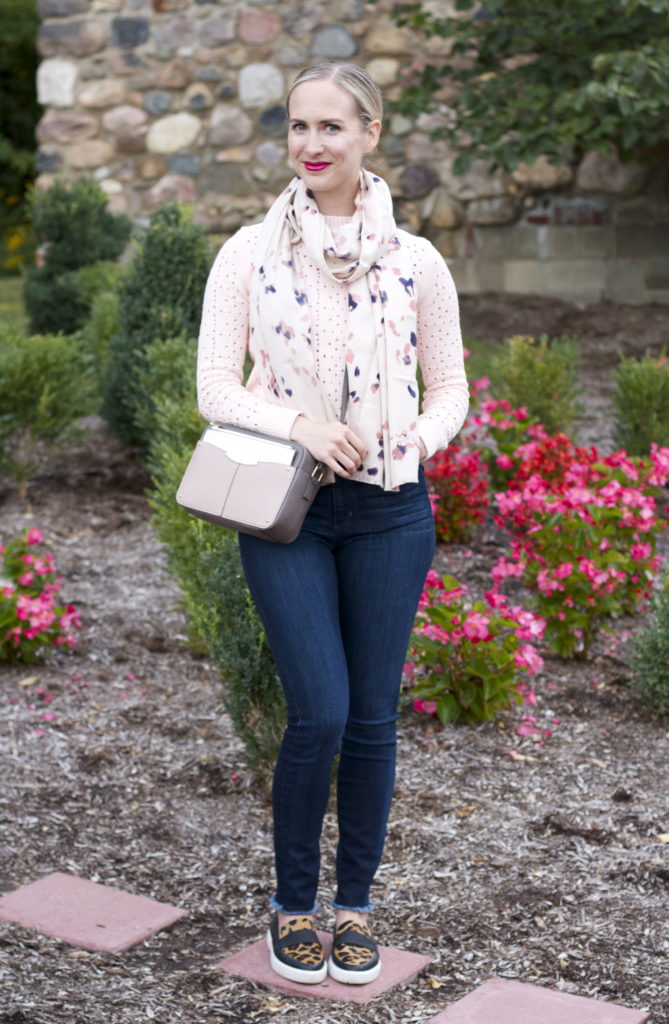 pastel sweater, leopard sneakers, colorblock bag