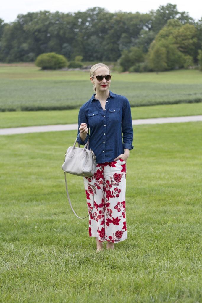 floral pants, chambray shirt