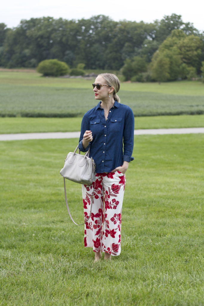 floral pants, chambray shirt