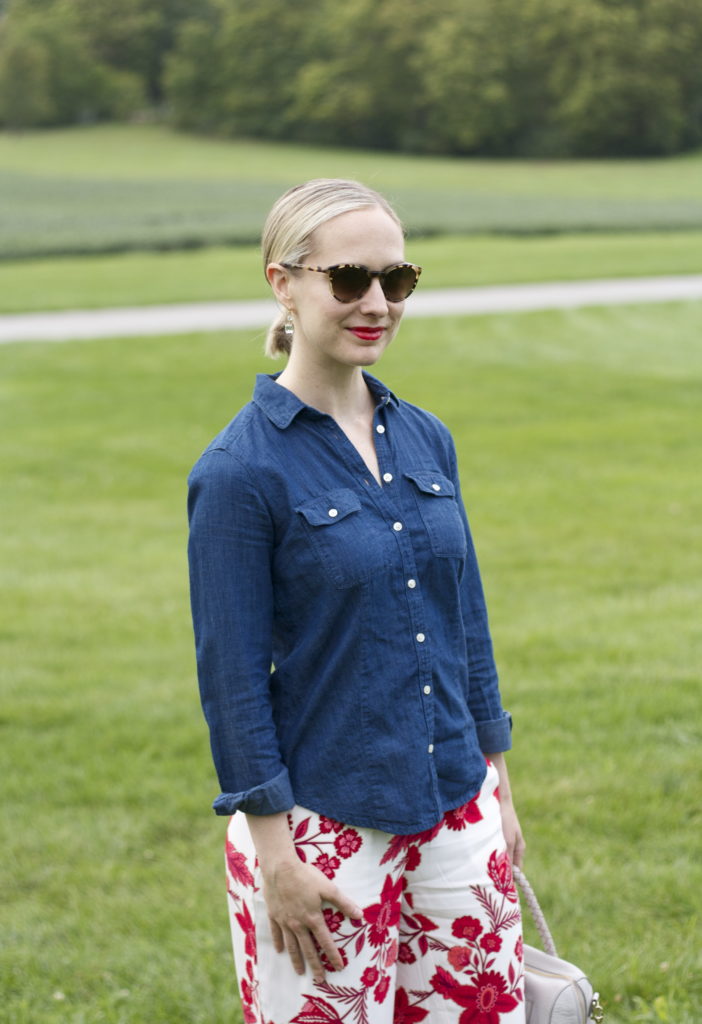 floral pants, chambray shirt