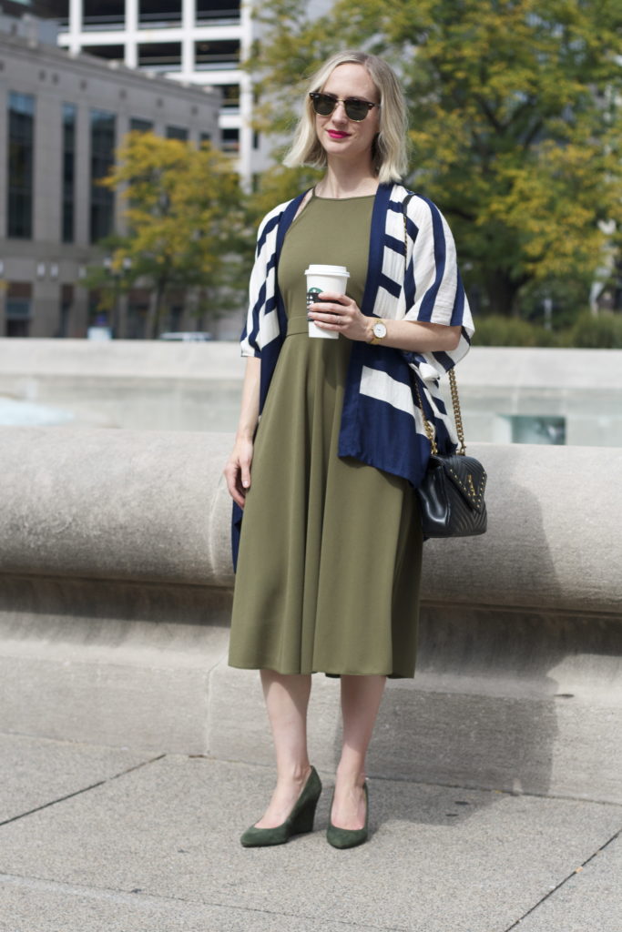 midi dress, stripe kimono, YSL studded college bag