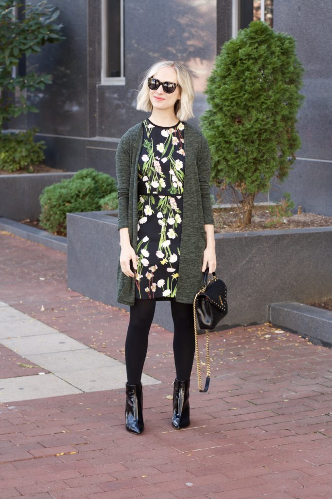 victoria beckham floral dress, olive heather duster cardigan, patent leather booties