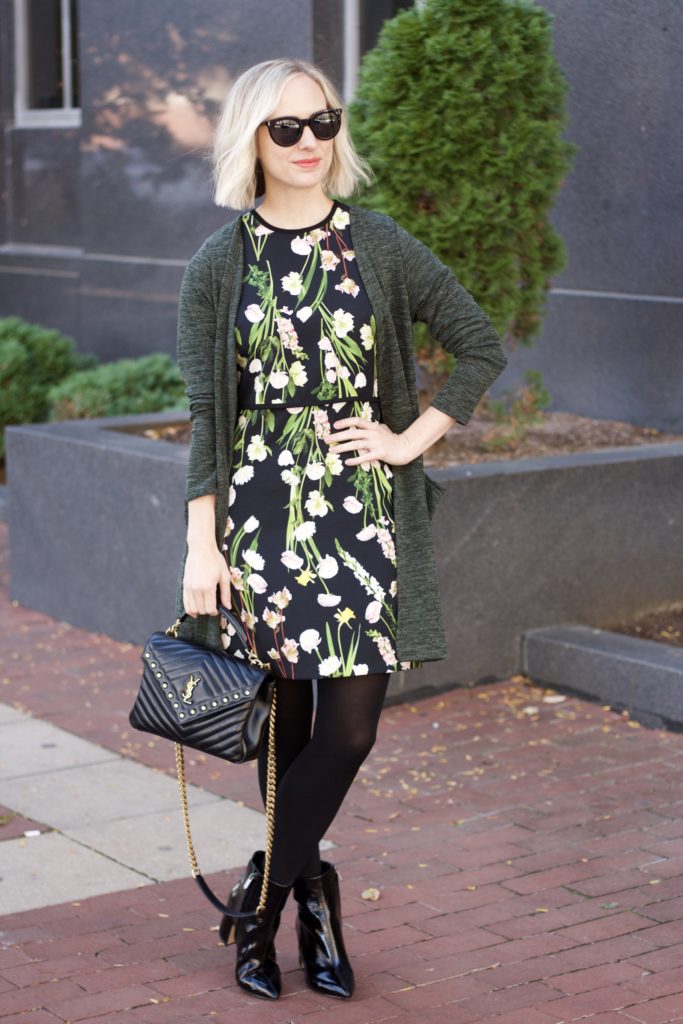 victoria beckham floral dress, olive heather duster cardigan, patent leather booties