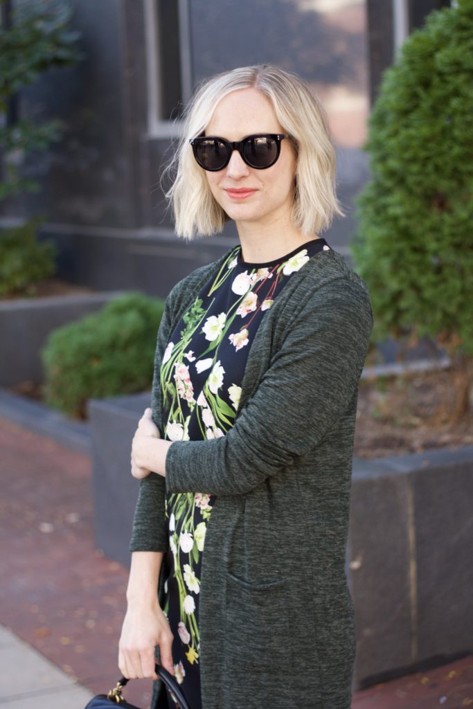 victoria beckham floral dress, olive heather duster cardigan, patent leather booties