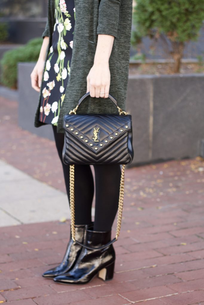 victoria beckham floral dress, olive heather duster cardigan, patent leather booties