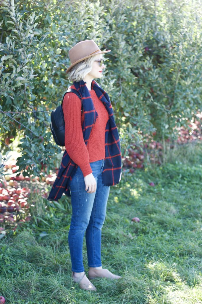Madewell sweater, tan felt hat, plaid blanket scarf, apple picking outfit, shooties, mini backpack