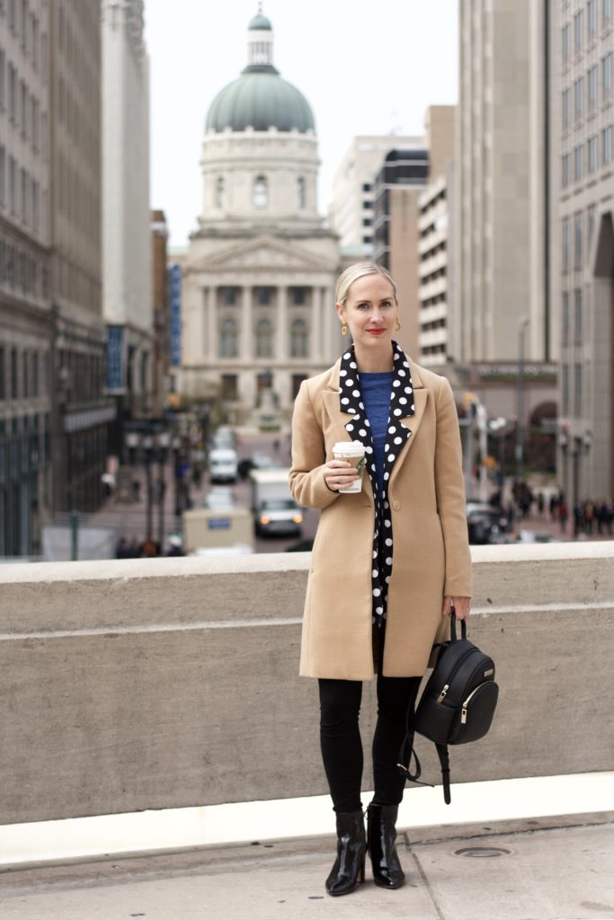 patent leather ankle boots, layered jackets, camel coat, polka dots