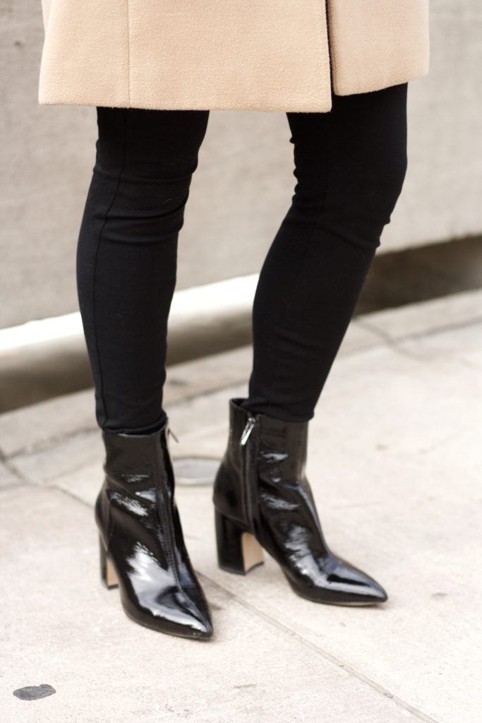 patent leather ankle boots, layered jackets, camel coat, polka dots