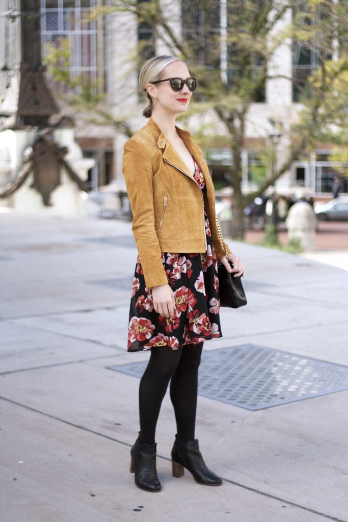 Madewell floral wrap dress, cap toe flats, suede moto jacket, ankle boots, dress ankle boots outfit