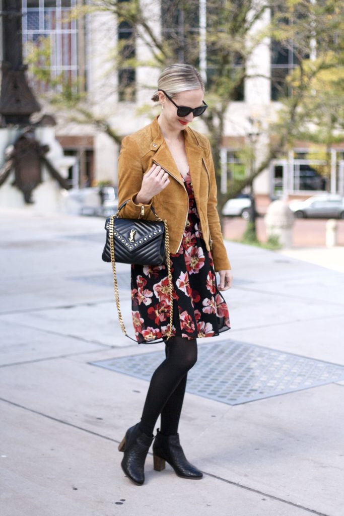 Madewell floral wrap dress, cap toe flats, suede moto jacket, ankle boots, dress ankle boots outfit