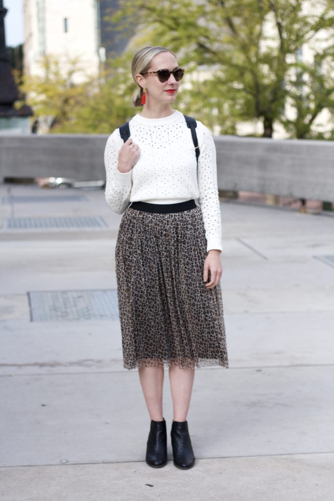 leopard tulle skirt, tassel earrings, midi skirt with ankle boots