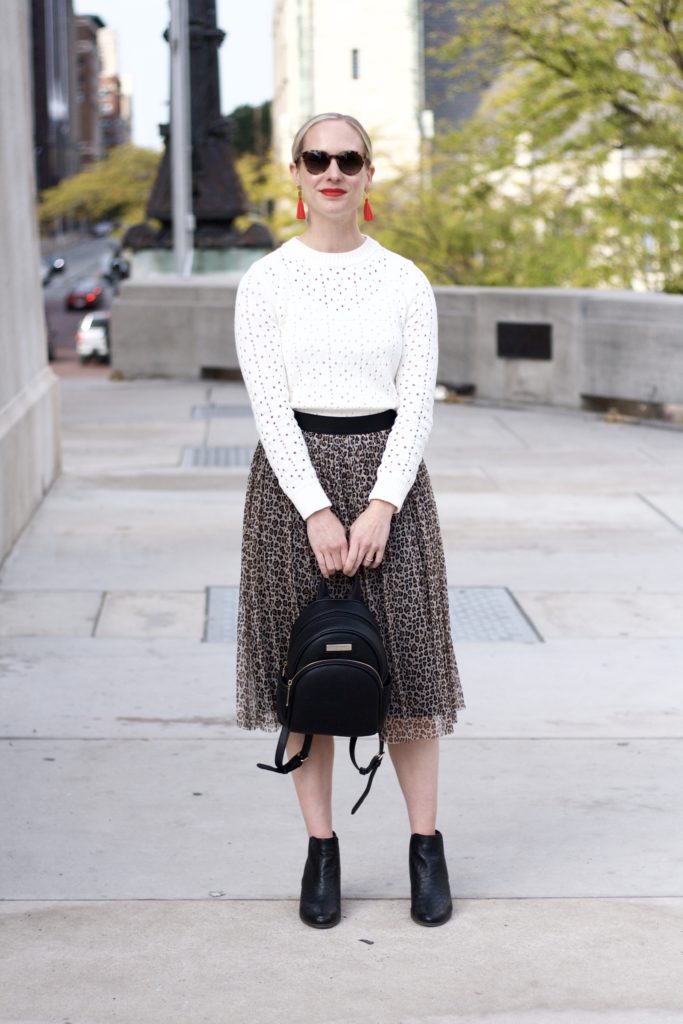 leopard tulle skirt, tassel earrings, midi skirt with ankle boots