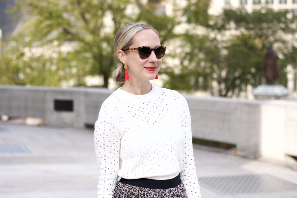 leopard tulle skirt, tassel earrings, midi skirt with ankle boots