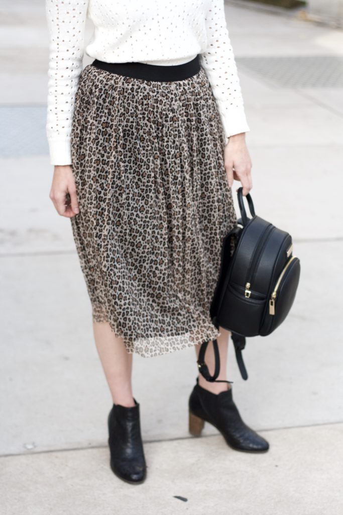 leopard tulle skirt, tassel earrings, midi skirt with ankle boots
