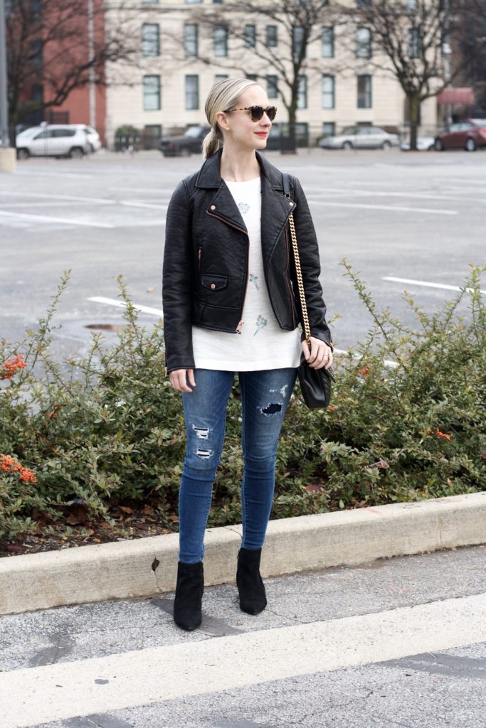 tunic sweater, faux leather moto jacket, distressed skinny jeans, suede ankle boots, YSL college bag