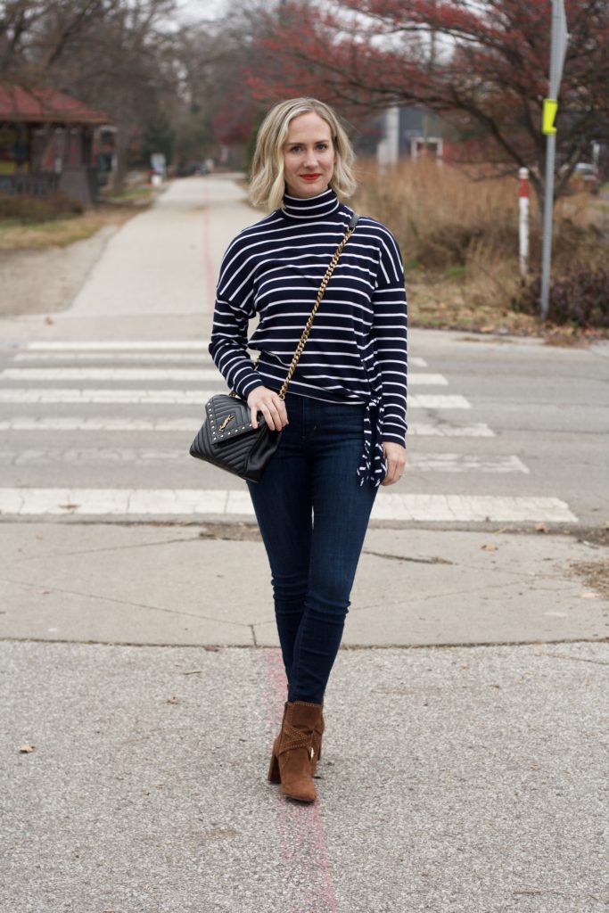 striped turtleneck, suede ankle boots, YSL college bag