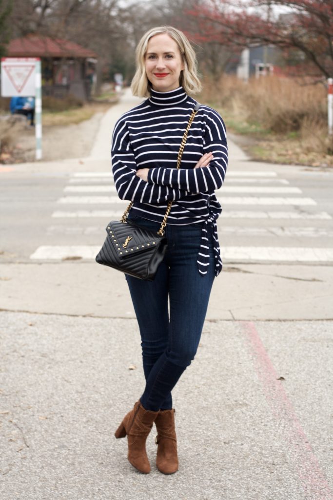 striped turtleneck, suede ankle boots, YSL college bag