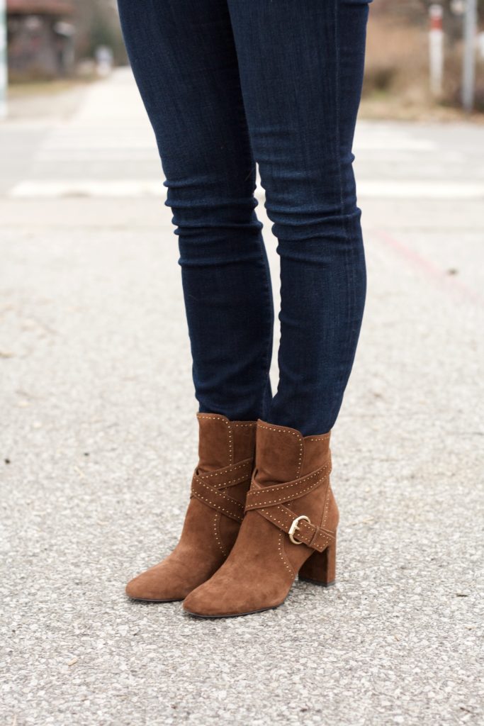 striped turtleneck, suede ankle boots, YSL college bag