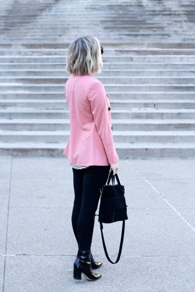 pink oversized blazer, stripe tunic tee, ankle boots