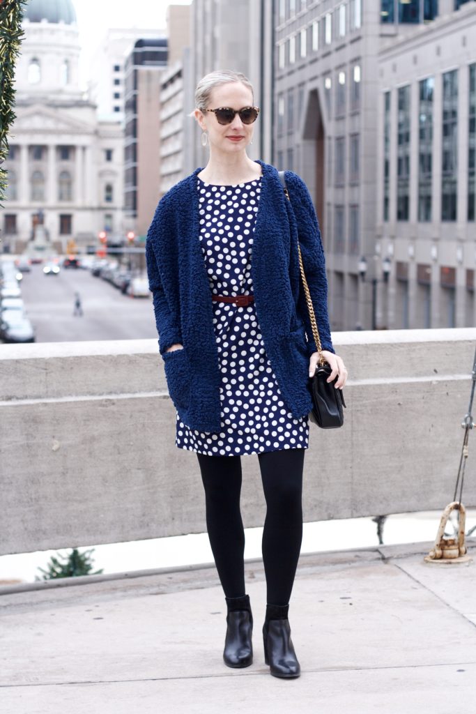 fuzzy cardigan, belted dress, navy and black outfit