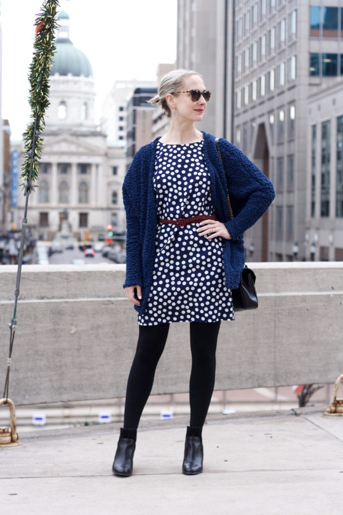fuzzy cardigan, belted dress, navy and black outfit